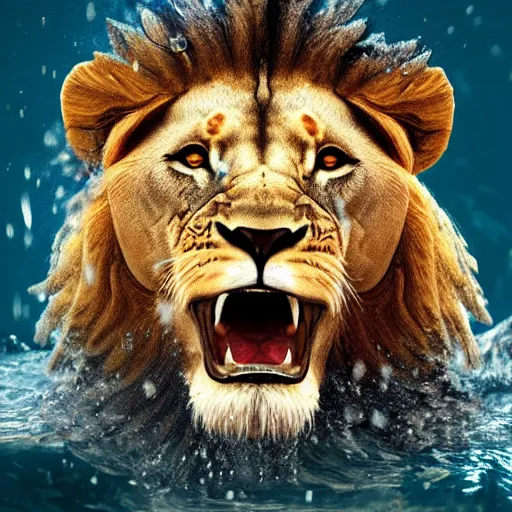 Image similar to a male lion's face breaching through a wall of water, headshot, water sprites, splashing, deep blue ocean, highly detailed, realistic digital art, trending on artstation