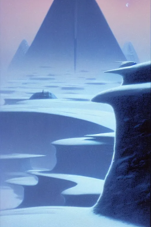 Prompt: emissary space by arthur haas and bruce pennington and john schoenherr, planet hoth, snowy mountains, blue hour, cinematic matte painting, 8 k, dark color palate,