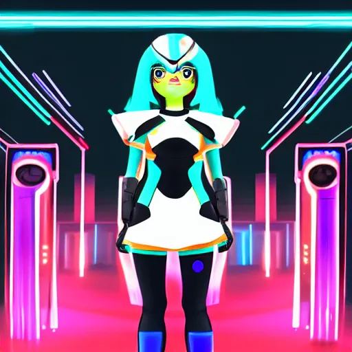 Image similar to Marina from Splatoon wearing a Tron style dress, Tron city background, digital art