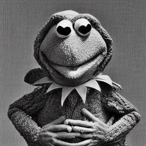 Image similar to Kermit the Frog from Sesame Street by Gustave Dore, full body grayscale drawing