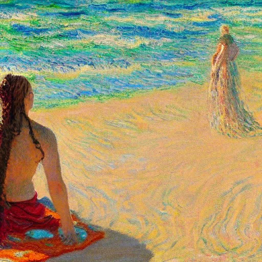 Prompt: painting of a viking woman getting a sun tan on a tropical beach, intricate, 8 k, in the style of claude monet, high detal