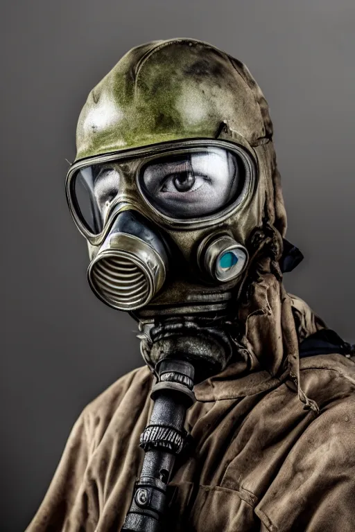 Image similar to an award winning portrait photo of a person wearing a gas mask and hard helmet, postapocalyptic, 4 k, high quality, sharp focus