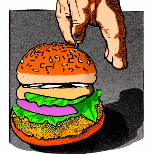 Image similar to illustration of a golem disguised as a hamburger