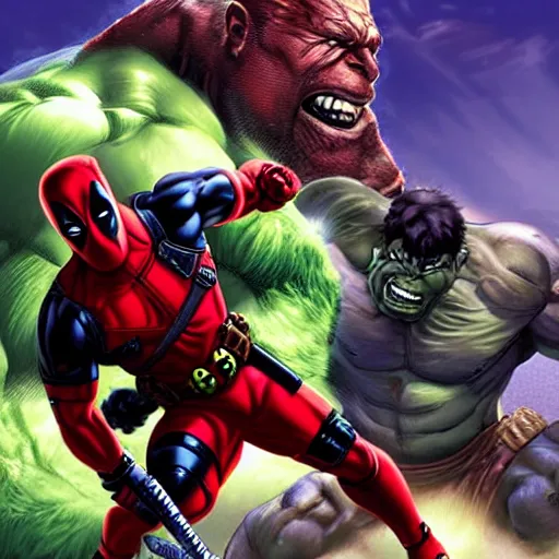 Image similar to a portrait of deadpool fighting the hulk, extremely detailed digital art by mark brooks