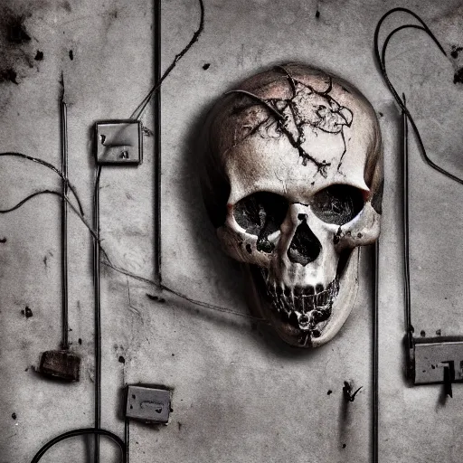 Prompt: a dark occult ritual of wires skulls skin and decay, moody, hyperrealism, 8 k photo, atmospheric