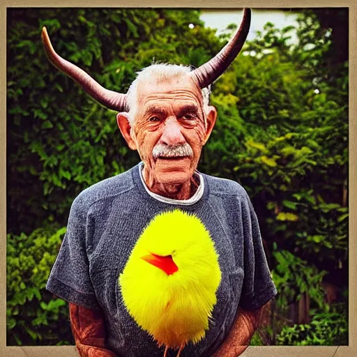 Image similar to “a photograph of an old man with horns hanging out in his garden with a tiny yellow bird on his shoulder.”