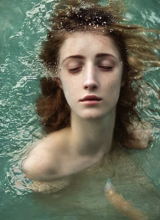 Image similar to Kodak Portra 400, 8K, soft light, volumetric lighting, highly detailed, britt marling style 3/4 , portrait photography of a beautiful woman how pre-Raphaelites by Giovanni Gastel with her eyes closed,inspired by Ophelia Millais Paint , the face emerges from water of Pamukkale, underwater face, the hair are intricate with highly detailed realistic beautiful brunches and flowers like crown, anatomical real full body dressed ethereal lace dress floating in water surface , Realistic, Refined, Highly Detailed, outdoor soft pastel lighting colors scheme, outdoor fine art photography, Hyper realistic, photo realistic