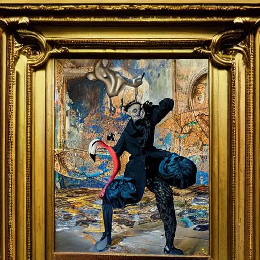Image similar to a highly detailed painting of an elegant male dancer with flamingo legs by salvador dali and vadim stein, in a domed destroyed ballroom splattered with rot and decay by albrecht durer, dramatic lighting, insanely detailed