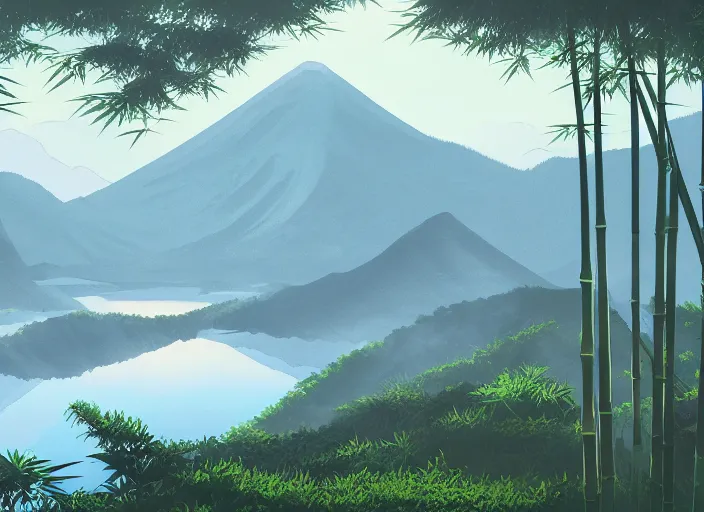 Prompt: misty japanese bamboo forest, lake foreground, large mountain background, sunny, cartoony, stylized anime, sun rays, soft, moody lighting, by hayao miyazaki, ghibli studio, makoto shinkai, toei animation, studio trigger, trending on artstation, 4 k, hd