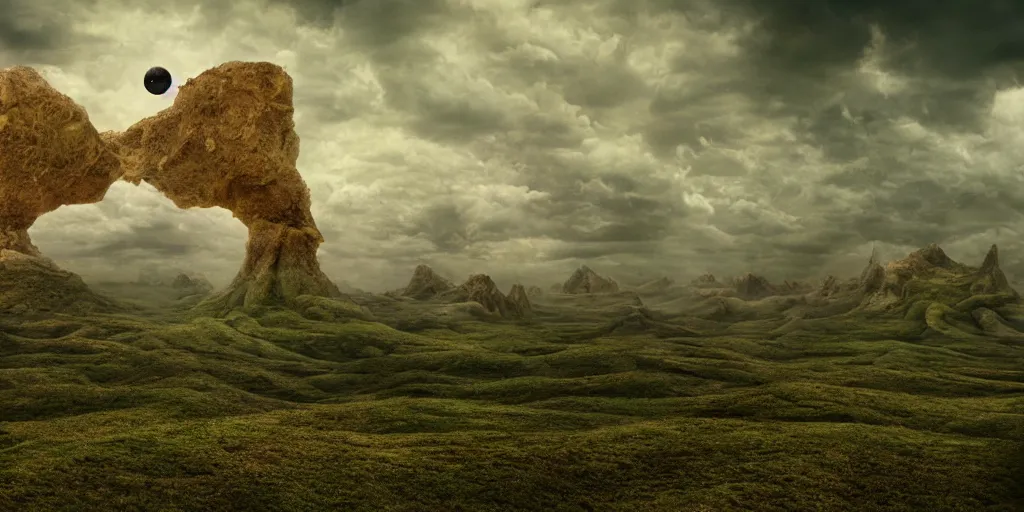 Image similar to surrealist alien landscape, realistic photography, 8k, hd