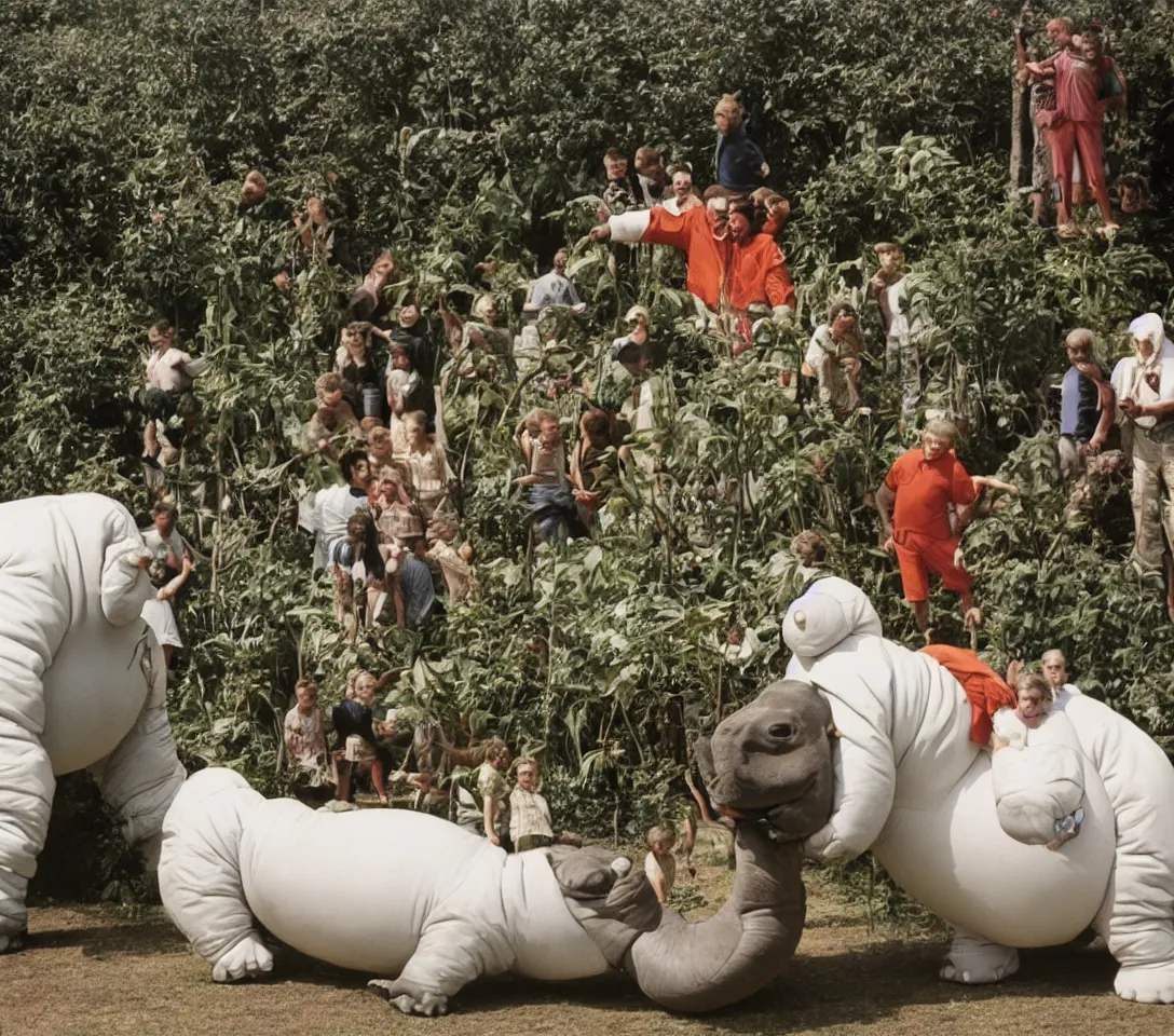 Prompt: a 3 5 mm photography, kodachrome colour, of grandpa with white michelin man costume, riding a hippo, strange creatures and alien plants around, photos taken by martin parr