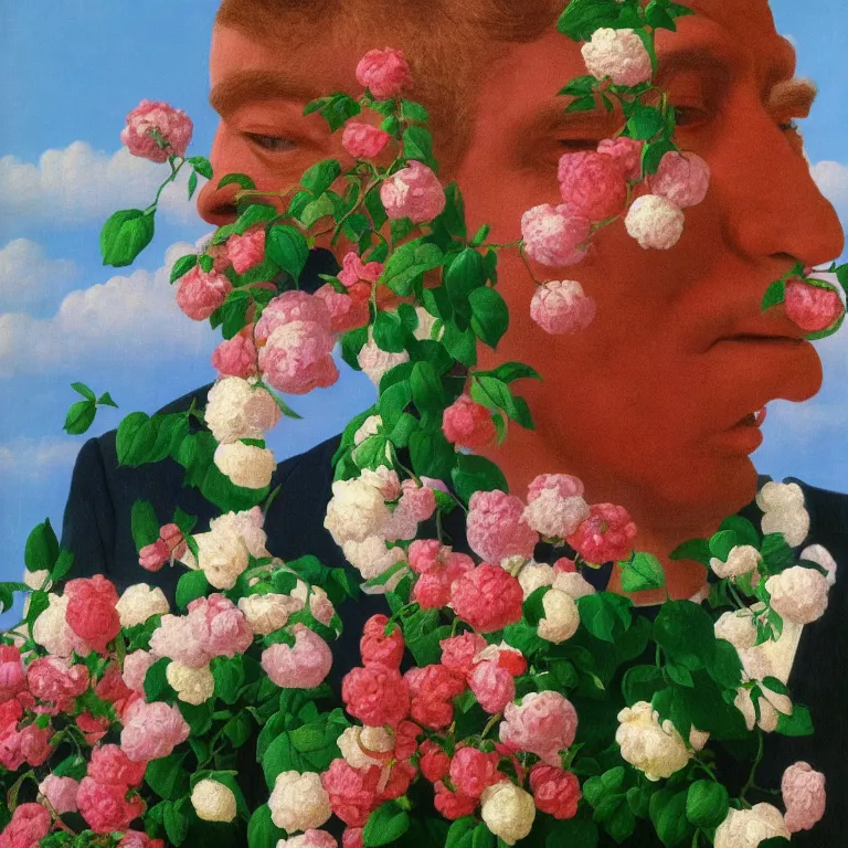 Image similar to portrait of a man, face hidden by beautiful flowers, by rene magritte, detailed painting, hd, hq, high resolution, high detail, 4 k, 8 k