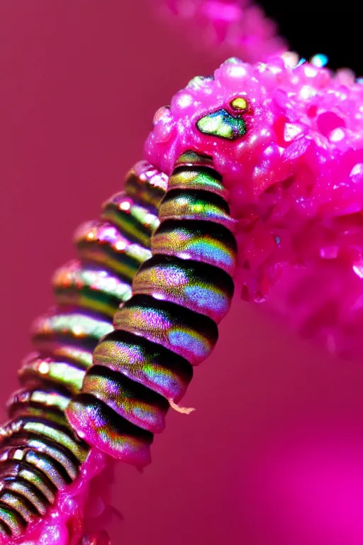 Image similar to high quality close-up photo pearlescent caterpillar! gorgeous highly detailed hannah yata elson peter cinematic pink lighting high quality low angle hd 8k sharp shallow depth of field