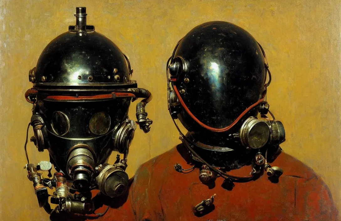 Prompt: portrait of deep sea diver helmet!!!!!!!!!!!!!!!!!!!!!!!!!!!, detailed face, detailed painting, epic lighting, by ilya repin, phil hale and kent williams
