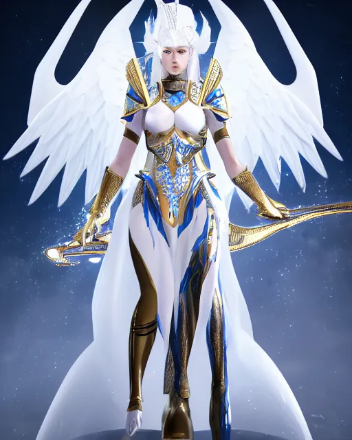 Image similar to perfect ornate white haired attractive egyptian goddess with huge white dove wings, warframe armor, beautiful, symmetric, dreamy, half asian, pretty face, blue eyes, detailed, scifi platform, laboratory, experiment, 4 k, ultra realistic, epic lighting, android body, illuminated, cinematic, masterpiece, art by akihito tsukushi, voidstar