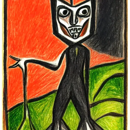 Image similar to unified by erich heckel. a beautiful drawing of a human - like creature with long, stringy hair. the figure has no eyes, only a mouth with long, sharp teeth. the creature is standing on a cliff overlooking a dark, foreboding sea.