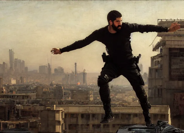 Image similar to Greg evades sgt Nash. Cyberpunk hacker escaping menacing police troopers (blade runner 2049). bearded face. rooftop free running. Iranian orientalist portrait by john william waterhouse and Edwin Longsden Long and Theodore Ralli and Nasreddine Dinet, oil on canvas. Cinematic, hyper realism, realistic proportions, dramatic lighting, high detail 4k