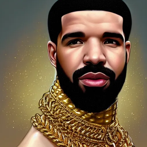 Image similar to highly detailed portrait of drake wearing a gold crown and gold chains, realistic portrait, symmetrical, highly detailed, digital painting, artstation, concept art, smooth, sharp focus, illustration, cinematic lighting, art by artgerm and greg rutkowski and alphonse mucha