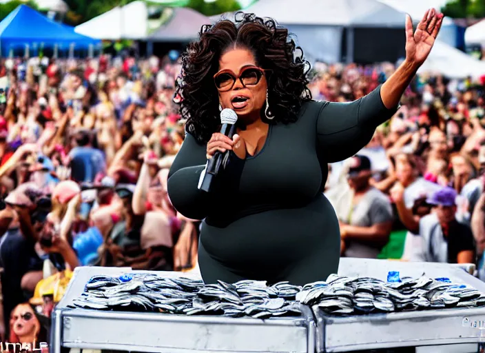 Image similar to photo still of oprah winfrey on stage at the vans warped tour 2 0 1 8!!!!!!!! at age 3 6 years old 3 6 years of age!!!!!!!! tossing bags of money into the crowd, 8 k, 8 5 mm f 1. 8, studio lighting, rim light, right side key light