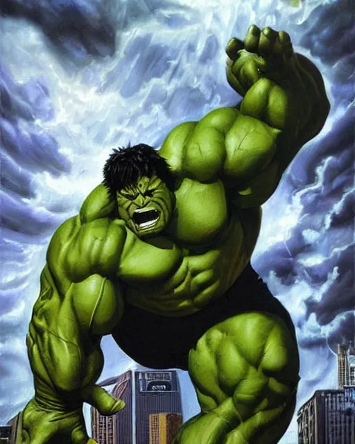 Image similar to a moody oil painting of the incredible hulk looking angry as he bursts through a wall at noon in a city by joe jusko.