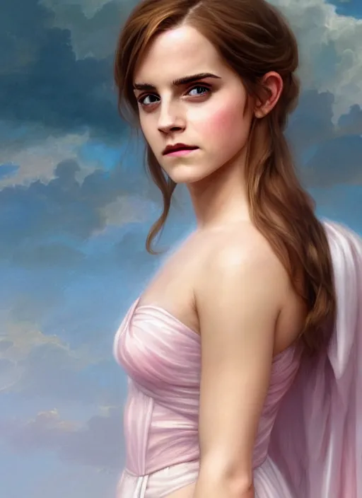 Image similar to emma watson as nature magic celestial, top down pose, long hair, soft pink and white transparent cloth, space, D&D, shiny background, intricate, elegant, highly detailed, digital painting, artstation, concept art, smooth, sharp focus, illustration, artgerm, bouguereau