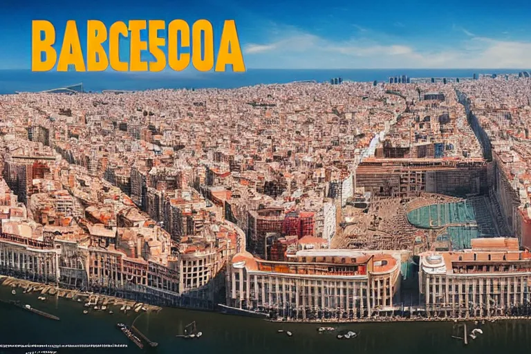 Image similar to touristic brochure to visit a catastrophic barcelona, buildings covered with high water, floating cars, catchy graphic design, photo real