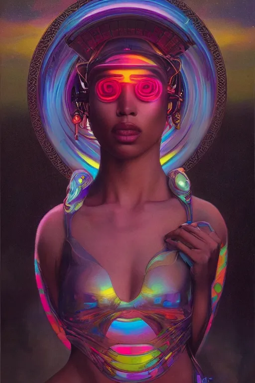 Image similar to patron saint of 🛸🌈👩🏾, futuristic clothing, neon god of city character portrait, in the style of moebius, tom bagshaw, and waterhouse, cinematic lighting, beautiful, elegant, oil painting,