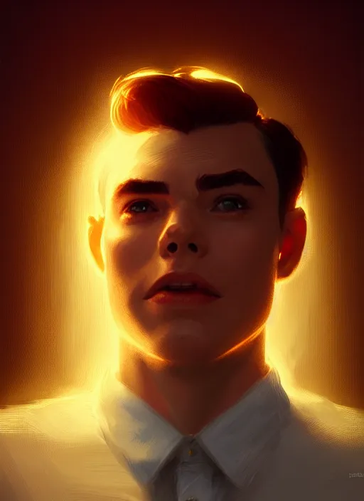 Image similar to portrait of archie andrews, intricate, elegant, glowing lights, highly detailed, digital painting, artstation, concept art, smooth, sharp focus, illustration, art by wlop, mars ravelo and greg rutkowski