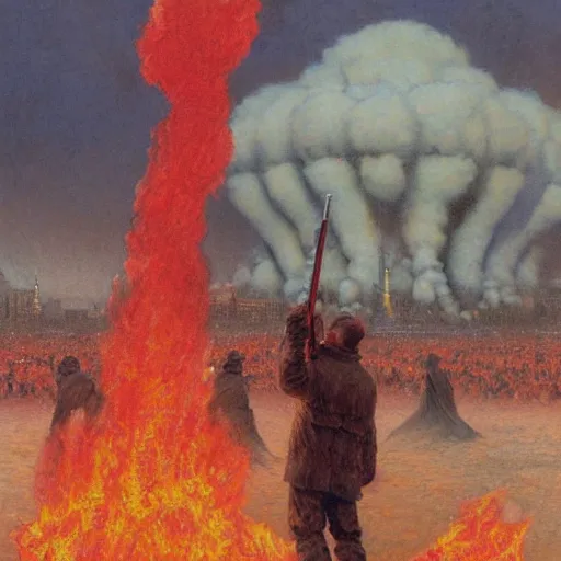 Image similar to the last selfie taken in russia red square, nuclear explosion, russian flag burning, hydrogen bomb explosion, by donato giancola and greg rutkowski and wayne barlow and zdzisław beksinski,