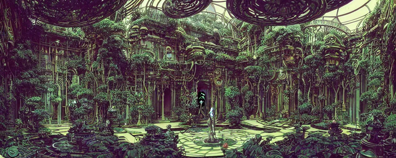 Image similar to a luxurious scifi futuristic victorian garden courtyard by killian eng, moebius, philippe druillet