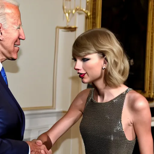 Image similar to taylor swift shaking hands with joe biden, 8 k uhd, perfect faces