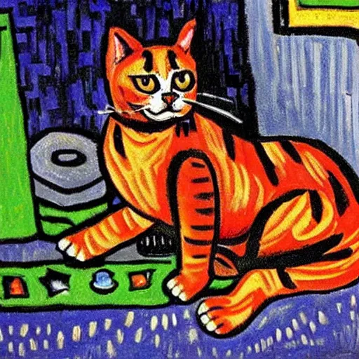 Image similar to a feline boxer fighting in a ring, in the style of vincent van gogh