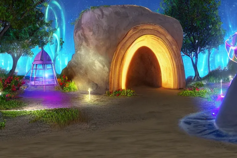 Prompt: a magical glowing portal in the middle of a city that leads to a beach, realistic