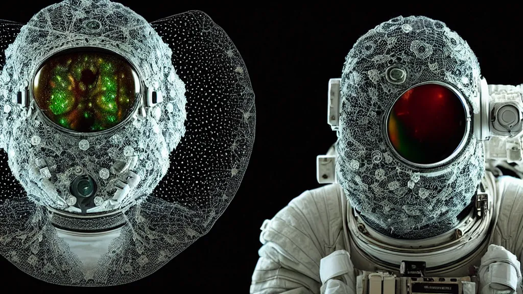 Image similar to a astronaut eva suit covered in diamond 3d fractal lace iridescent bubble 3d skin and covered with insectoid compound eye camera lenses floats through the living room, film still from the movie directed by Denis Villeneuve with art direction by Salvador Dalí, wide lens,