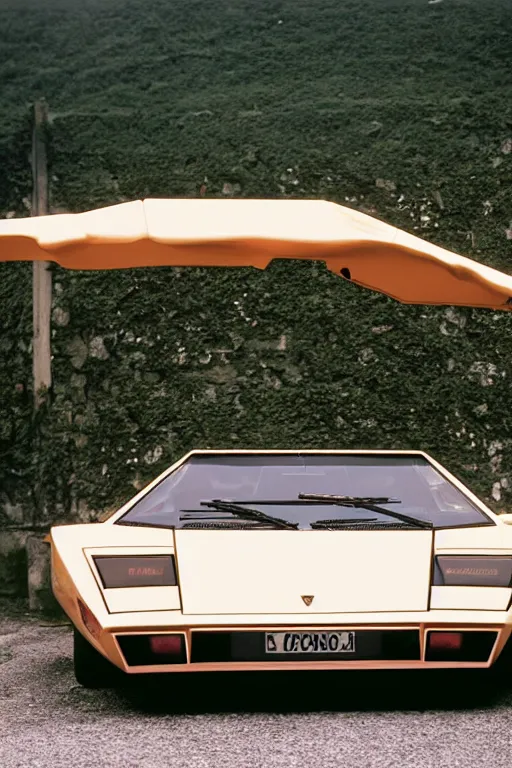 Image similar to Medium Format Portrait Photo of a Lamborghini Countach LP5000 QV parked on a dock in Lake Como, sunny, award winning, highly detailed, depth of field, Cinestill 800t, wide shot, photo print.