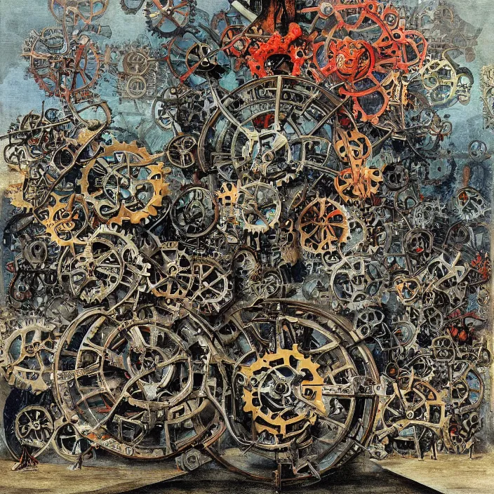 Prompt: grotesque painting showing humanity throwing itself upon the gears of the capitalist death machine