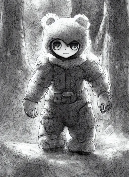 Image similar to beautiful little boy wearing an cyborg bear suit, artwork in kentaro miura and made in abyss and rosdraws, smooth, beautiful lightness, anatomically correct, trending on pixiv, forest