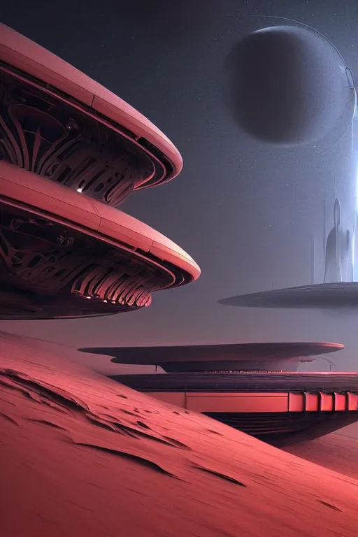 Image similar to futuristic space station in the red desert 3 d concept art, cinematic lighting, bladerunner scene, intricate details, building by zaha hadid, stormy weather, emissary space by arthur haas and bruce pennington and john schoenherr, cinematic matte painting, dark moody monochrome colors, trending on artstation, featured on behance