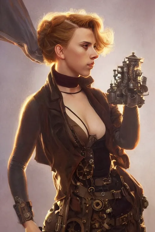 Image similar to Scarlett Johansson in a steampunk outfit, anatomy, only two hands, highly detailed, digital painting, artstation, concept art, smooth, sharp focus, illustration, Unreal Engine 5, 8K, art by art by artgerm and greg rutkowski and edgar maxence