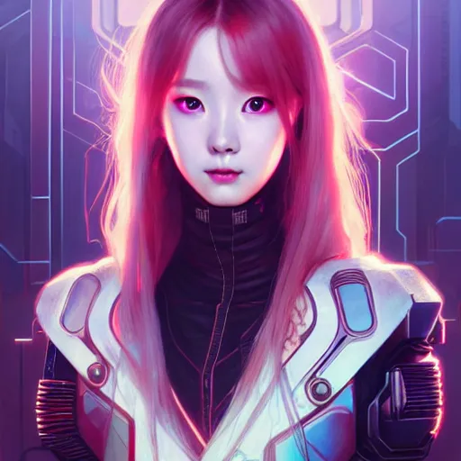 Image similar to portrait painting of cyberpunk chuu from loona as a cheerful smiling mercenary, ultra realistic, concept art, intricate details, eerie, highly detailed, photorealistic, octane render, 8 k, unreal engine. art by artgerm and greg rutkowski and magali villeneuve and alphonse mucha