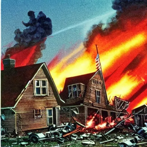 Image similar to color photo from the 80s, the shelling of a house in New York by Soviet soldiers, epic style, a bunch of explosions, realistic style