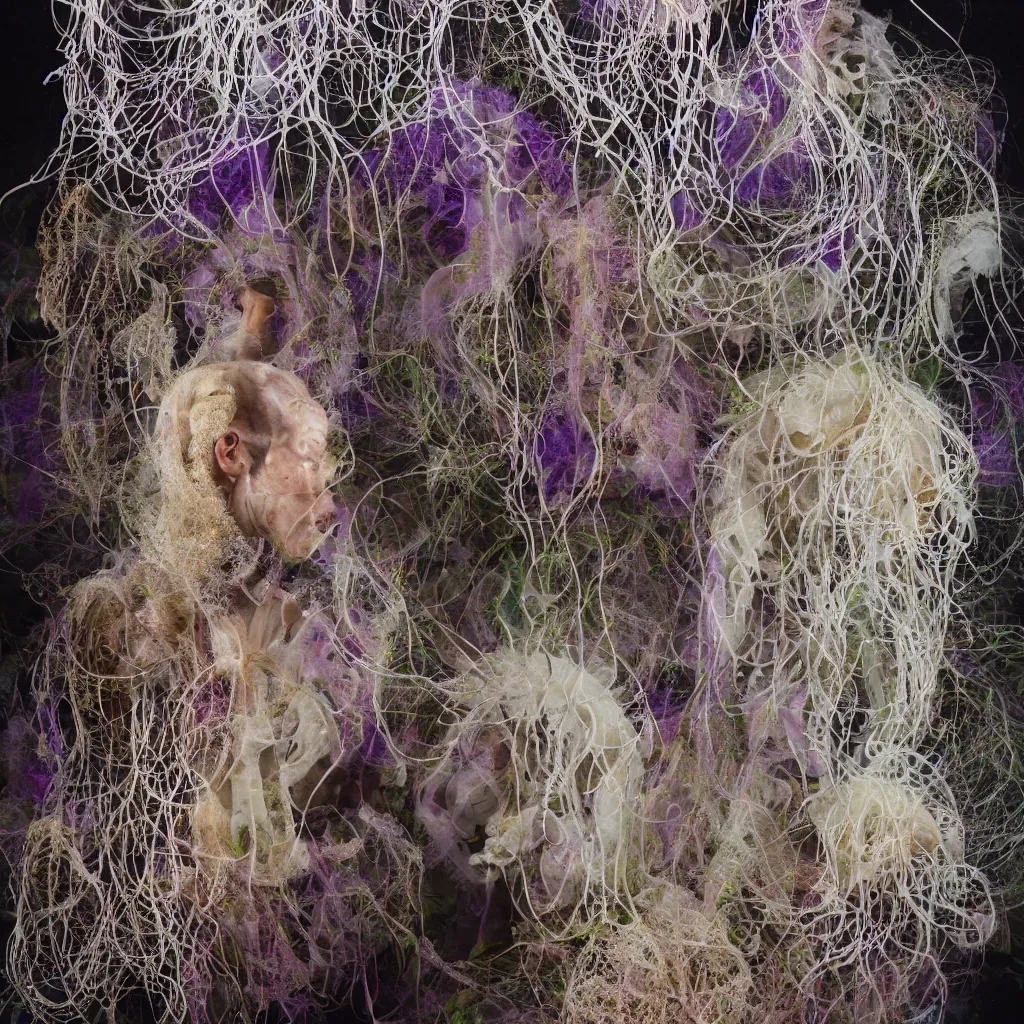 Prompt: photography, a portrait of indigenous shaman made of sponges, jellyfish, anemones and radiolaria, spiritual healer in underworld, architectural biotecture composition