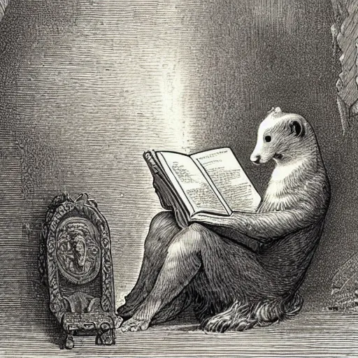Image similar to a weasel reading a grimoire, by gustave dore