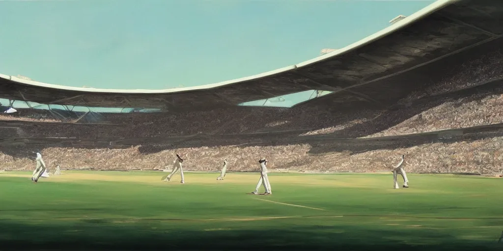 Image similar to a futuristic cricket stadium, syd mead cinematic painting, 4 k