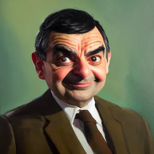 Image similar to an oil painting of mr bean as masterchief, 8k