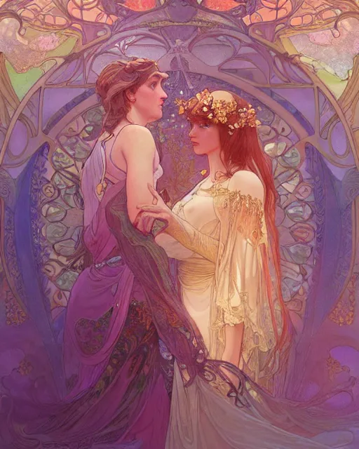 Image similar to romance | highly detailed | very intricate | art nouveau | gold filigree | romantic storybook fantasy | soft cinematic lighting | award - winning | disney concept art watercolor illustration by mandy jurgens and alphonse mucha and alena aenami | pastel color palette | featured on artstation