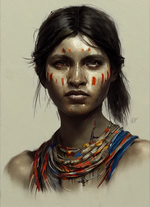 Prompt: A painting of a tribal woman trending on artstation in the style of Greg Rutkowski