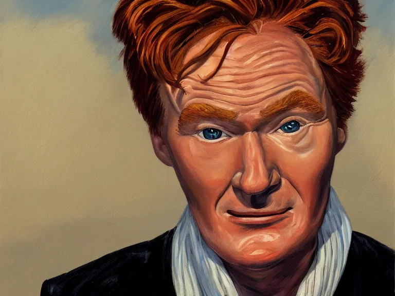 Prompt: Close-up portrait of Conan O'Brien , painting by Paula Rego, high detail, high resolution