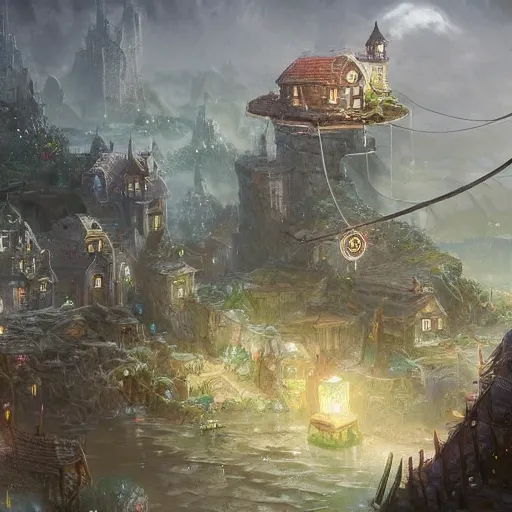 Image similar to a tiny miniscule town living on the thread of a spiders web, fantasy concept art, trending on art station, stunning visuals, creative, cinematic, ultra detailed