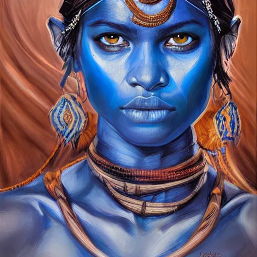 Prompt: highly detailed painting of a tribal warrior goddess woman, maldivian, blue eyes, high fantasy art by jon foster trending on arstation